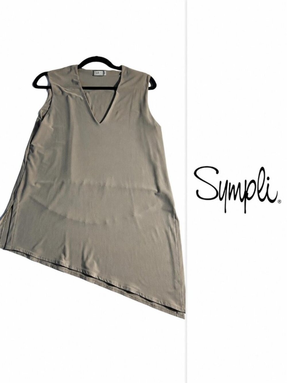 Sympli The Best Sleeveless V-Neck Tunic | Stone Greige | Size 12 | Made in Canad